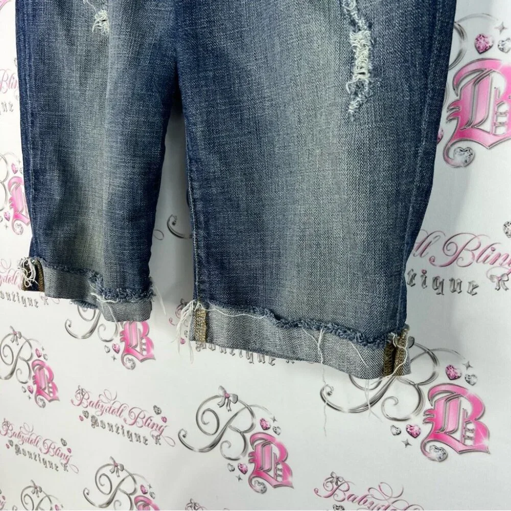 Joe's Jeans Ex Lover Classic Blue Denim shorts distressed rips long logo